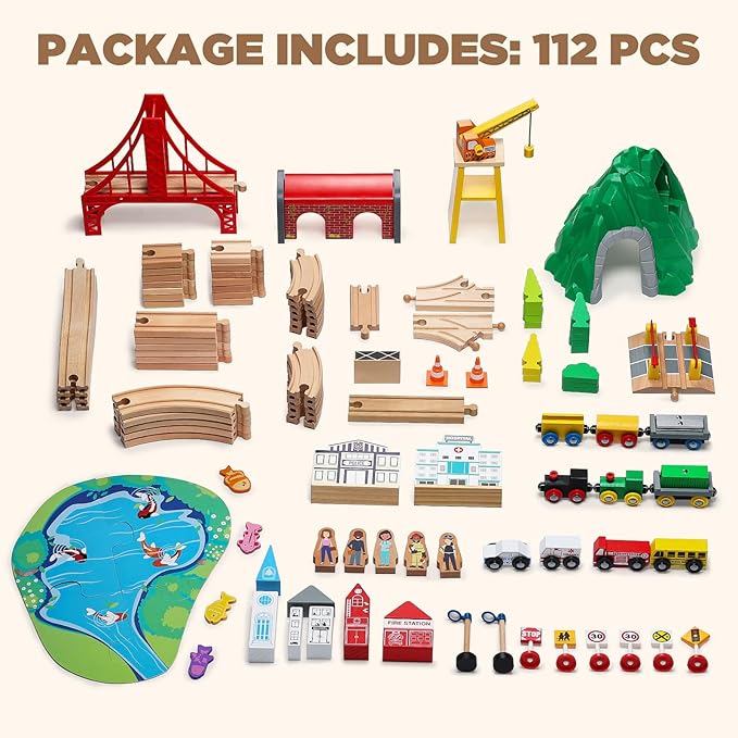 SainSmart Jr. 112-Piece Wooden Train Set for Toddler – Double-Sided Train Tracks, Compatible with Brio, Thomas, Melissa & Doug – Perfect Wood Toy for Boys and Girls