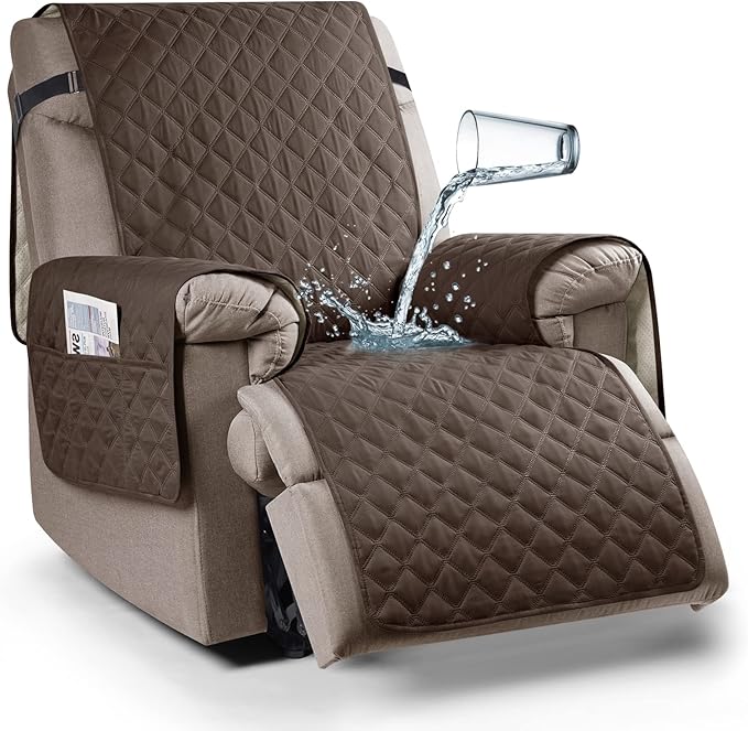 Ruaozz 100% Waterproof Recliner Chair Cover Non-Slip Oversized Reclining Cover for Large Recliner Chair Washable Chair Seat Cover with Elastic Straps for Kids, Dogs, Pets (Brown, 28'')