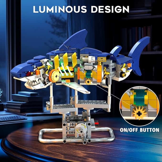 Mechanical Shark Building Set with LED Light, 687 PCS Movable Ocean Animal with Display Stand, Sea Fish Building Block Toy, Home Decor Gift for Adults Teens Kids Boys Ages 12+