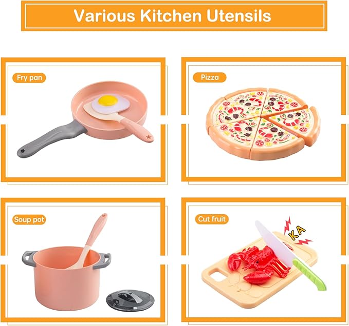 80Pcs Kitchen Playset, Toddler Pretend Cooking with Pots, Pans, Cookware, Food, Picnic Blanket, Fruits, Veges, Shopping Storage Basket, Dessert, Learning Gift for Girls Boys (Pink)