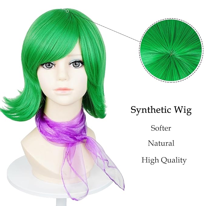 Probeauty Short Green Wig for Kids Cosplay, Green Bob Costume Wig for Halloween Cosplay Party with Scarf