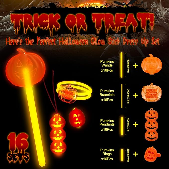Lewtemi 64 Pcs Pumpkin Halloween Glow Sticks Set Include Bracelet Necklace Ring Wand Glow in the Dark Party Supplies Decorations Halloween Party Favors Goodie Bag Fillers Gifts for Kids Adults