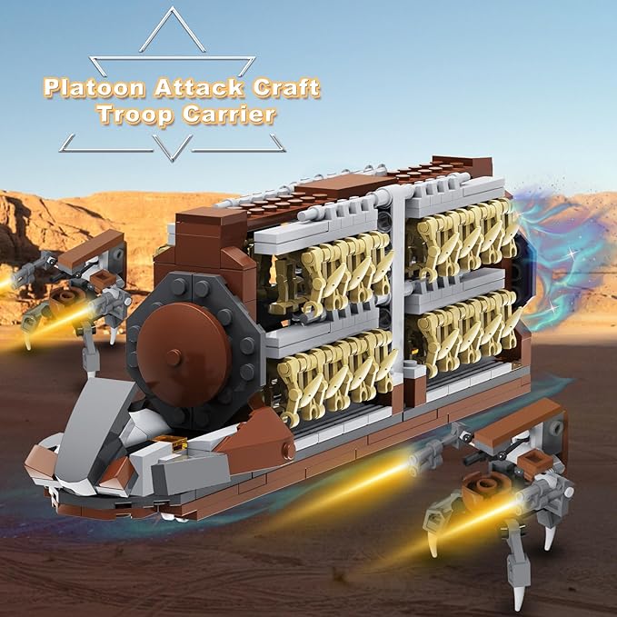 Battle Army Clone Platoon Attack Craft Building Kit 32-Piece, Battle Soldiers Troop Carrier with 2 Droidekas, Building Blocks Action Figures Army Toys for Kids 6-12