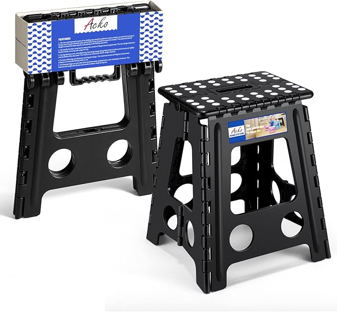 ACKO Folding Step Stool Foldable 16 Inch Stool 400 LB Weight Capacity Plastic Foldable Step Stools for Adults and Kids, Folding Stool Suitable for Kitchen, Stepping Stool with Handle 1PC