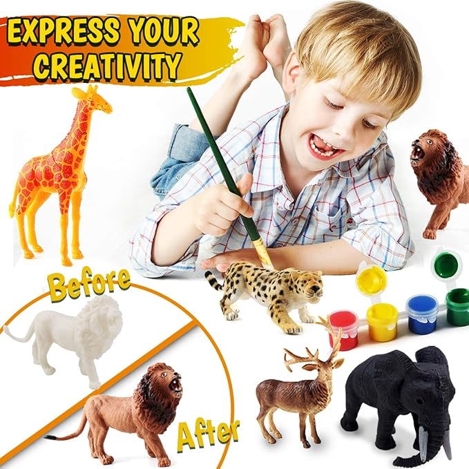 FUNZBO Safari Animals Figures Paint Set for Kids, Arts and Crafts Supplies Painting Kit for Kids ages 4-8, Zoo Jungle Animals Figurines Toy & Playsets for Toddlers 1-3,3-5,5-7 Boys Girls Birthday Gift