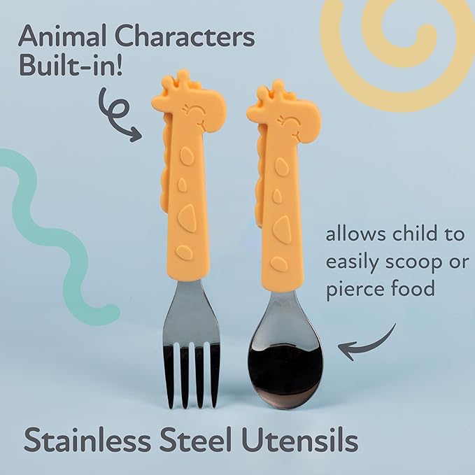 Nuby Animal Friends Silicone and Stainless Steel Fork and Spoon Set - 12+ Months - Yellow Giraffe