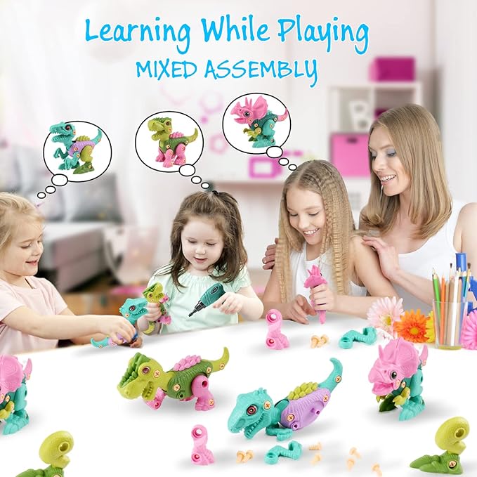 FREE TO FLY Dinosaur Toys for 3 4 5 6 7 8 Year Old Girls Boys: Take Apart Dinosaur Toys for Kids 3-5 5-7 STEM Building Construction Kids Toys with Electric Drill Dino Toys Birthday Gifts