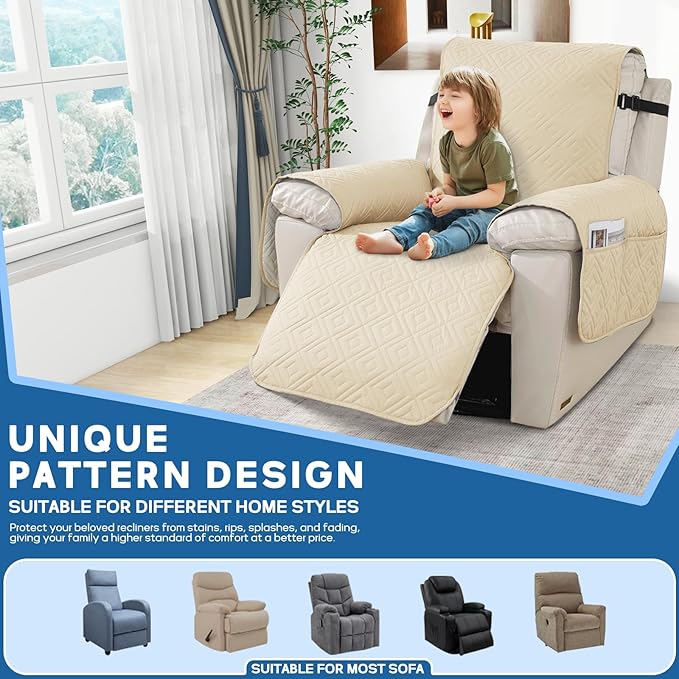 XINEAGE 100% Waterproof Recliner Cover, Non Slip Recliner Chair Cover with Elastic Band, Washable Recliner Slipcover with Storage Pockets for Kids, Pets (Beige, 28")