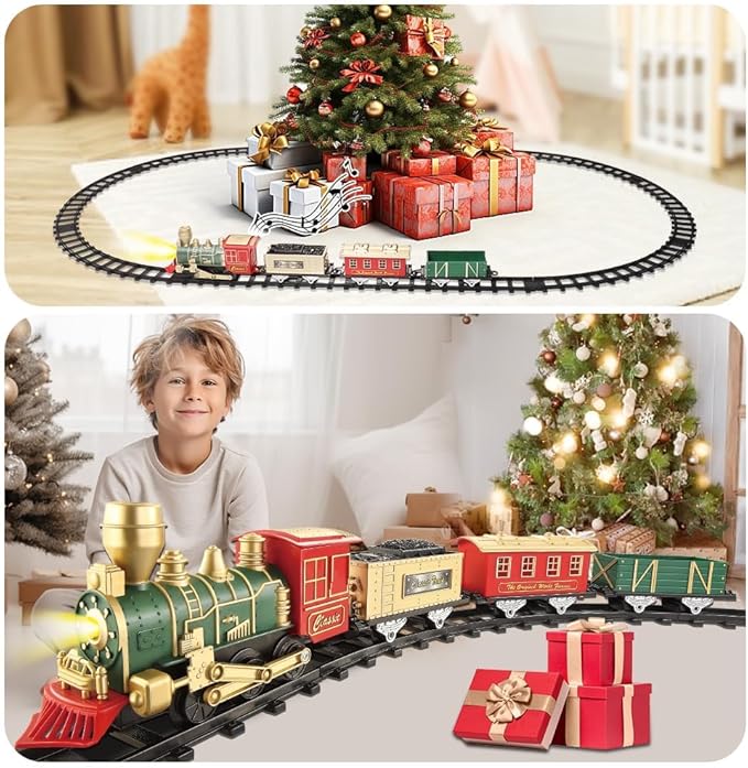Train Set - Electric Train Toys, Toddler Train w/Light and Sounds (ON/Off), Classical Train Sets for Boys w/Locomotive, Carriages and Tracks, Christmas Toy Train Gifts for 3-10 Year Old Kids