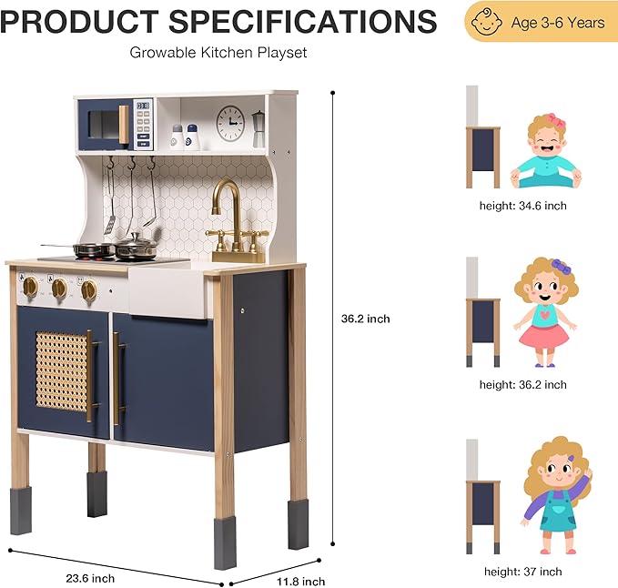 ROBOTIME Wooden Play Kitchen, Kids & Toddlers Kitchen Playset, Kids Play Kitchen Pretend Play Set with Lights & Sounds, Toy Kitchen for Ages 3+ (Blue)