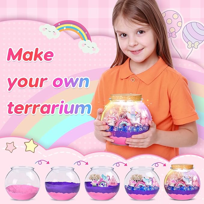 Unicorn Light-Up Terrarium - Sand Kit for Girls - LED Night Light Unicorn Toys Ages 4 5 6 7 8 - Birthday Gift for Girls - DIY Arts and Crafts Kit for Kids - Best Girls Presents