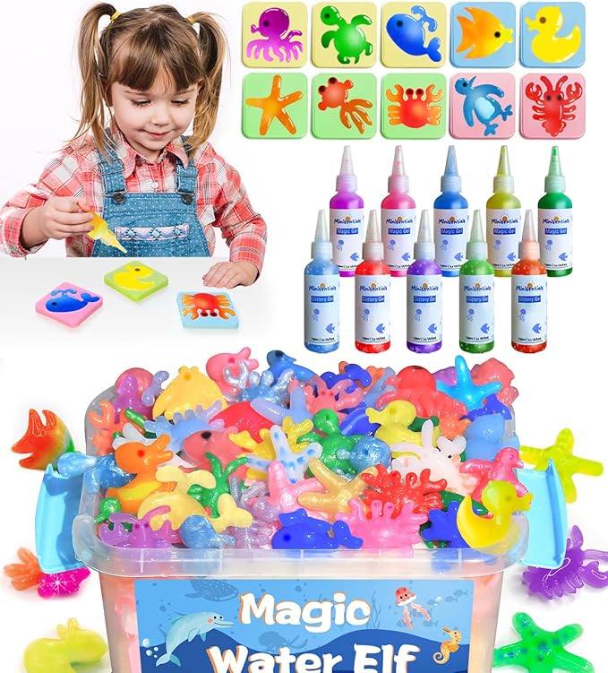 MINISENTIALS Magic Water Elf Toy Kit - 10 Colors Aqua Art Gel 100ml Jumbo Size Famliy Set - 10 Sea Creature Molds Magic Fairy Squishy Maker - Party Favor Birthday Christmas Gift for Kids