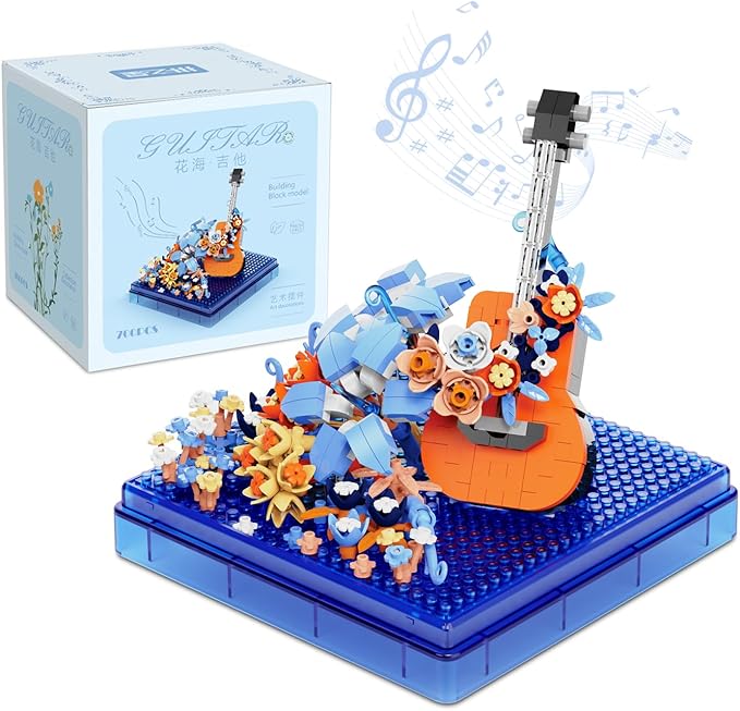 Guitar Mini Building Block Sets with Colorful Flower Decor, Micro Building Sets with Dust Cover,Gift for Girl,Lover,Mother, Home Office Decor Kit Suit for Kids and Adult Aged 8+(Guitar)