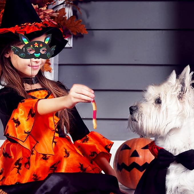 48pcs Halloween Mask Craft Kit for Kids, Funny Halloween Scratch Paper Mask with Elastic Cord Wooden Stick Scratch Masks for Halloween Party Favor