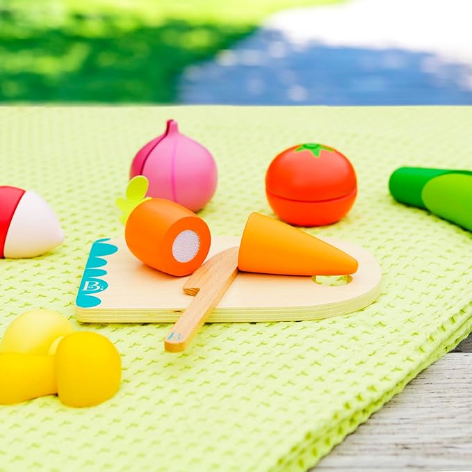 B. toys- Chop 'n' Play - Vegetables- Pretend Play Food Set – 6 Wooden Toy Vegetables to Cut – Hook-and-Loop Play Food for Toddlers, Kids – Safe Knife & Cutting Board – 2 Years +