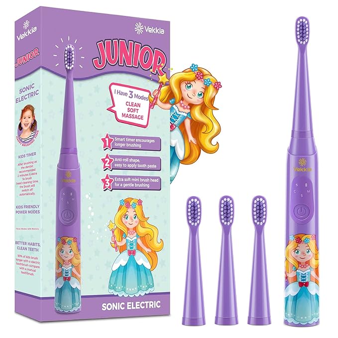 Vekkia Sonic Rechargeable Kids Electric Toothbrush, 3 Modes with Memory, Fun & Easy Cleaning, 24000 Strokes, IPX7 Waterproof, 2-Min Timer for Age 5+, 4 Soft Bristles(Purple)