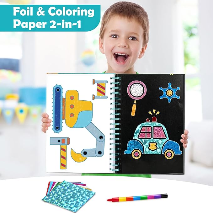 Foil Art Craft Activity for Kids: Fun DIY Toy Sticker Kit, No Mess Creative Travel Supply Set, Idea Birthday Easter Basket Stuffers Valentines Gift for Girl Boy Toddler 4 5 6 7 8 9 Year Old（Vehicle）