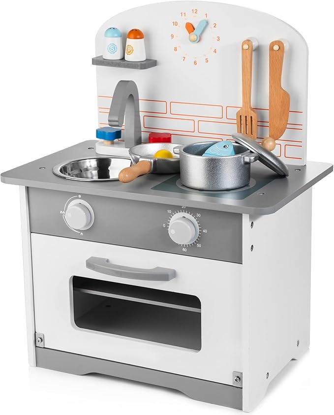 Wooden Toy Kitchen Set for Kids, Toy Kitchen Playset with Removable Sink Faucet & Play Food, Pretend Play Kitchen Toys for Toddlers Age 3+