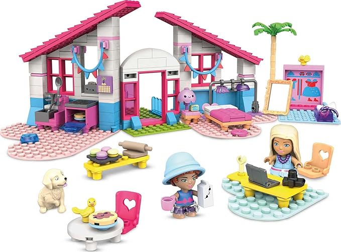 MEGA Construx Barbie Kids Building Toy Set, Malibu House with 303 Pieces, 2 Micro-Dolls, Furniture and Accessories, Ages 5+ Years