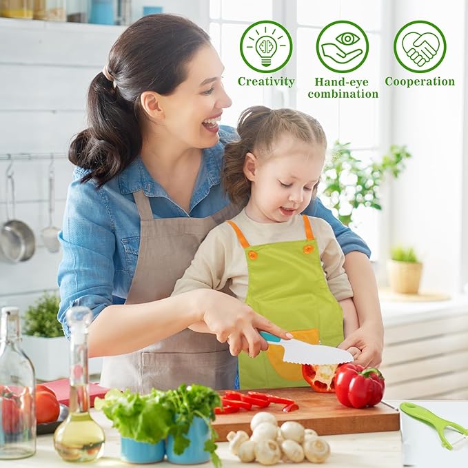 Montessori Kitchen Tools for Toddlers Cooking, Wooden Kids Kitchen Knife Set Include Plastic Toddler Safe Knives, Apron Set, Cutting Board, Sandwich Cutter, Y Peeler, Crinkle Cutter