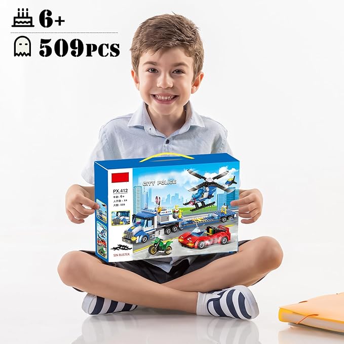 City Police Car, Motorcycle,Truck and Trailer&Helicopter Building Block Sets(509pcs),Police Chase Toy Set,Gift for Kids and audlts