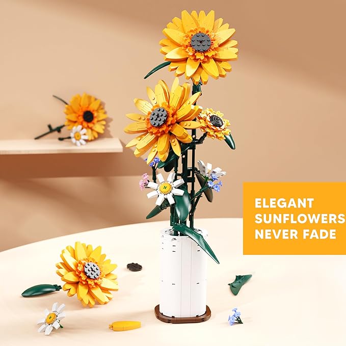 Sunflower Building Blocks Sets Flower Bouquet with Vase for Adults Teens, Flower Garden Building Toys for Girls Boys Home Decor - 821Pcs