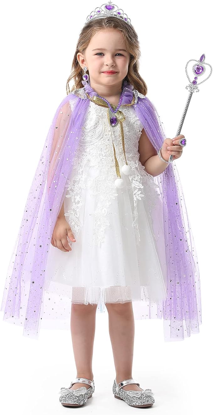 Fedio Princess Cape Set 7 Pieces Girls Princess Cloak with Tiara Crown, Wand for Little Girls Dress up (Purple)