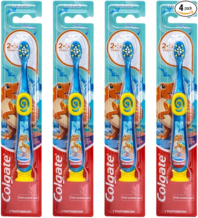 Colgate Dinosaur Toothbrush for Children with Suction Cup, Kids 2-5 Years Old, Extra Soft - Pack of 4