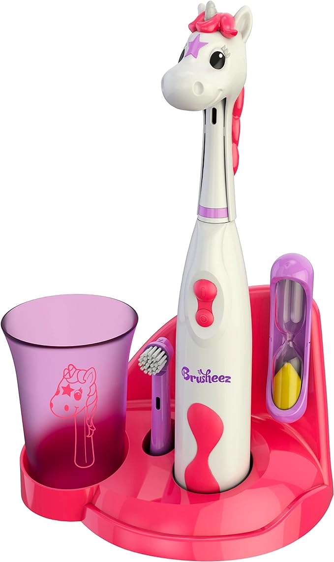 Brusheez Kids’ Electric Toothbrush Set - Safe & Effective for Ages 3+ - Parent Tested & Approved with Gentle Bristles, 2 Brush Heads, Rinse Cup, 2-Minute Timer, & Storage Base (Sparkle The Unicorn)