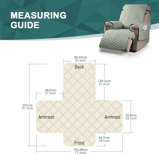 Ruaozz 100% Waterproof Recliner Chair Cover Non-Slip Reclining Cover for Recliner Chair Washable Chair Seat Cover with Elastic Straps for Kids, Dogs, Pets (Sage Green, 23'')