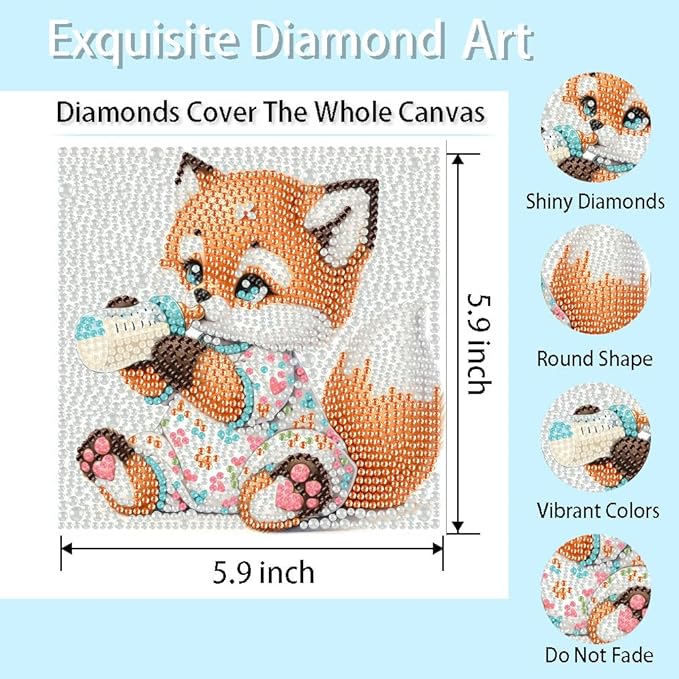 FQOVKYN 4 Pcs Baby Animals Diamond Art Kits for Kids, Cute Animals DIY Diamond Arts Mosaic Kits for Adults Beginner, Full Round Drill Diamond Art Painting for Home Wall Decor Kids Gift 6X6 inch