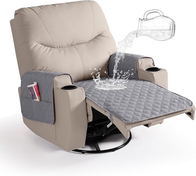 Ruaozz Waterproof Recliner Chair Covers Non Slip Chair Covers Washable Recliner Covers for Reclining Chair with Pockets Covers for Recliner Chair for Pets, Kids (Light Grey, Medium-25'')