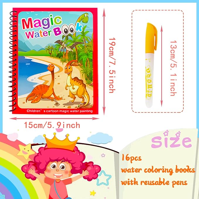Water Coloring Painting Books for Kids,Reusable Water Doodle Book Toys for Toddlers Car Travel,16pcs Portable Drawing Kits with16pcs Pens,Dinosaur,Unicorn,Train,Space