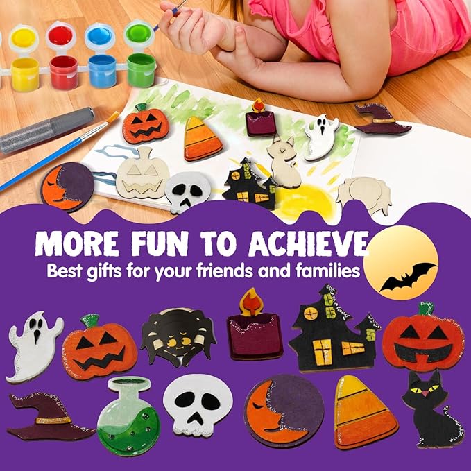 JOYIN 12 Pcs Halloween Craft Kid Wooden Magnet Creativity Arts & Crafts Painting Kit, DIY Halloween Painting Craft for Kids Halloween Party Supplies, Toddler Craft Party Favor Family School Activities