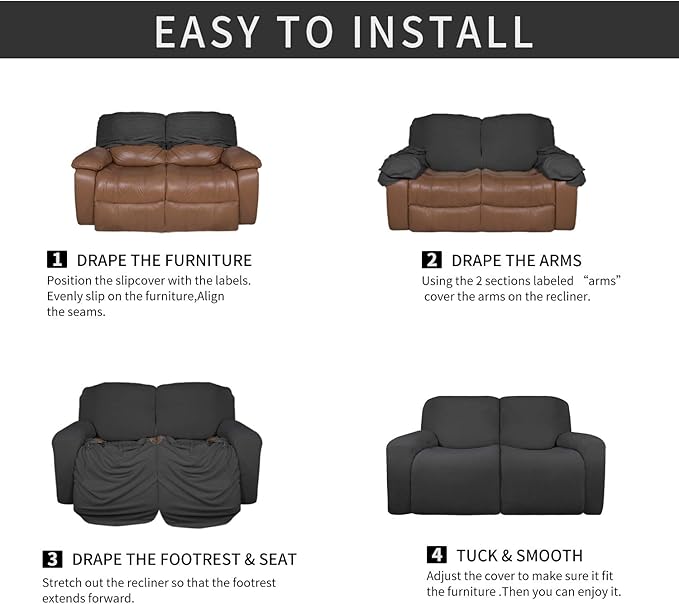 Easy-Going 6 Pieces Microfiber Stretch Sectional Recliner Sofa Slipcover Soft Fitted Fleece 2 Seats Couch Cover Washable Furniture Protector with Elasticity for Kids(Recliner Loveseat, Dark Gray)
