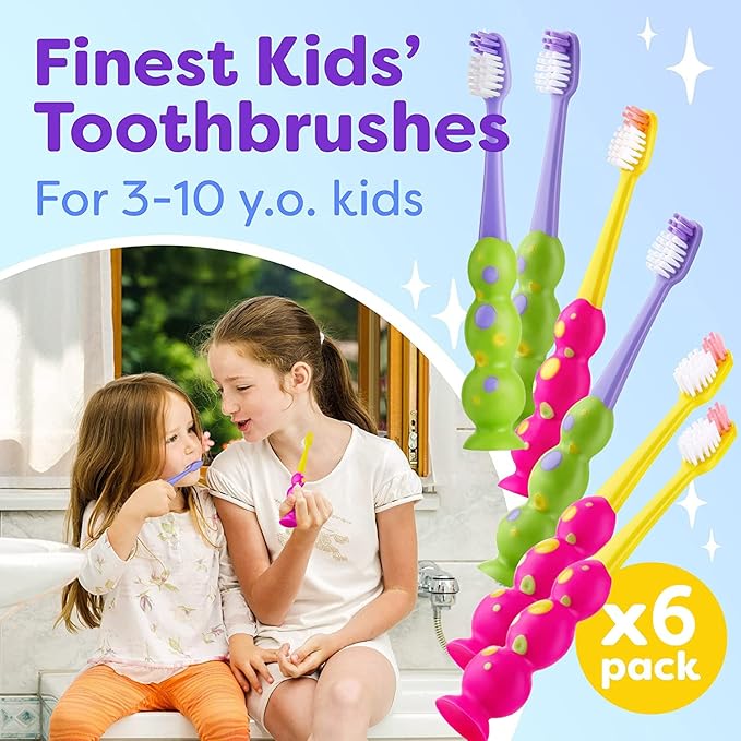 Kids Toothbrush 6 Pack - Soft Contoured Bristles - Child Sized Brush Heads (3-10 Year Old) - Suction Cup for Fun & Easy Storage - Girl & Boy Set (6-Pack, Green & Pink)