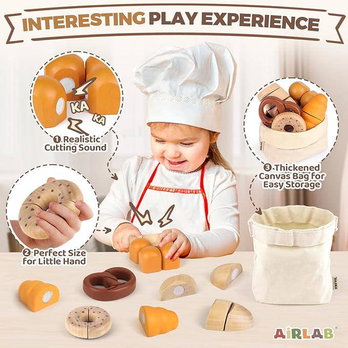 Wooden Play Food Bakery Toy Sets for Kids Kitchen Grocery Pretend Fake Food Accessories Playsets for Kids Ages 4-8 Birthday Gift for Boys Girls Educational Toys