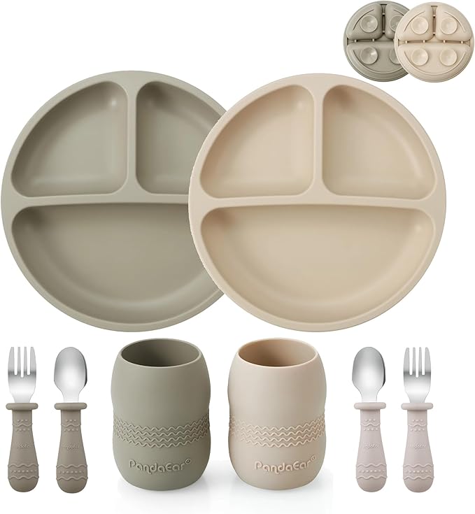 PandaEar Silicone Baby Feeding Set| 2 Pack Silicone Divided Suction Plate and 2 Pack Tiny Cup with 2 Spoons 2 Forks| Baby Led Weaning Supplies Self Feeding Eating Utensils (Silverware Set)