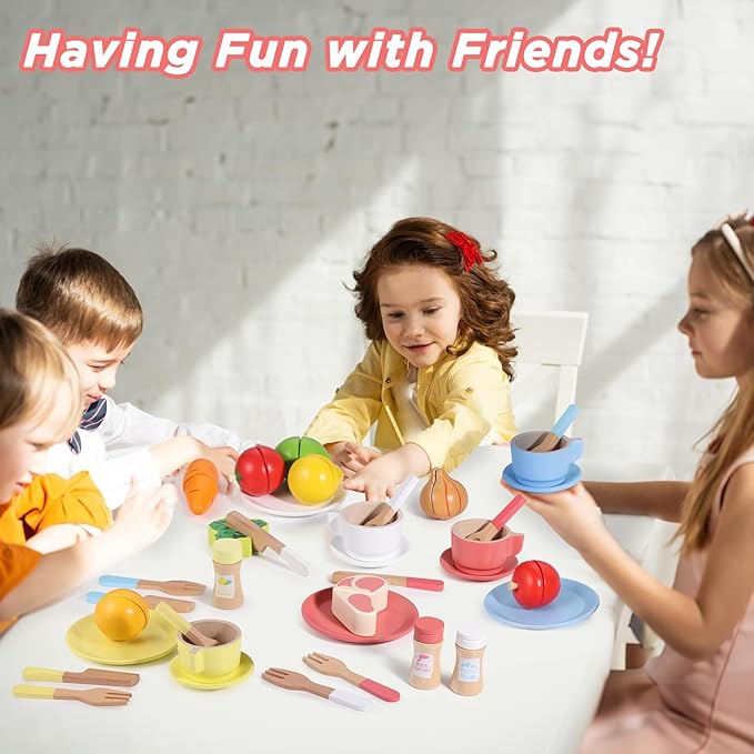 GAGAKU Wooden Play Dishes and Plates for Kids Kitchen Set 27 PCS Montessori Wooden Play Kitchen Accessories Kitchen Toy for Toddlers Wooden Play Cooking Set for 3-8 Years Girls and Boys