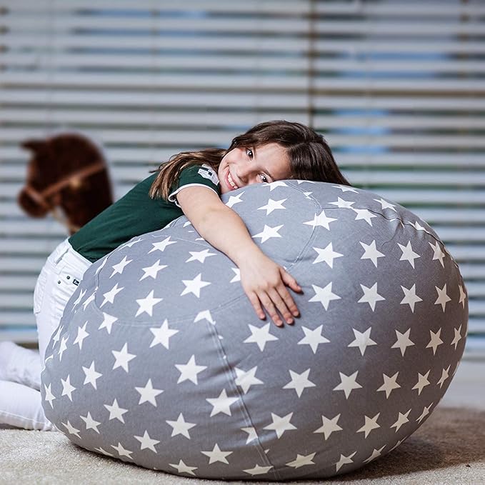 Wekapo Stuffed Animal Storage Bean Bag Chair Cover for Kids | Stuffable Zipper Beanbag for Organizing Children Plush Toys Large Premium Cotton Canvas (Grey Star, XX-Large)