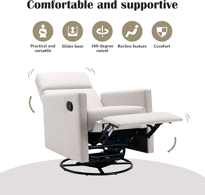 Merax Modern Modern Soft Linen Swivel Push Back Rocker Recliner w/Headsupport Adjustable Nursery Glider Chair for Living Room, Bedroom Tan