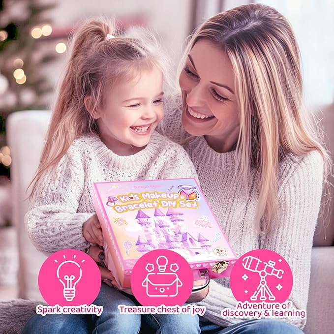 Kids Makeup & Jewelry Kit for Girls - Washable Real Cosmetics Set with Bracelet-Making for Children Toddler, Princess Dress-Up Toy, Ideal Winter Birthday Gift for 4-12 Year Olds (Pink)