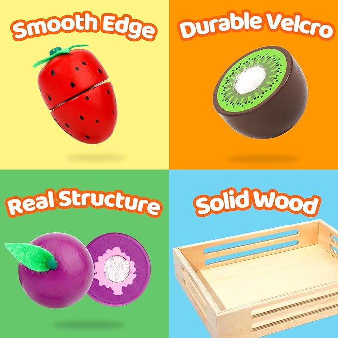 BAODLON Wooden Cutting Fruit Set - Wooden Play Food Toys for Kids Kitchen, Multi Play Food Kitchen Accessory with 2 Trays, Play Fake Fruit Toys Birthday Gifts for 3 4 Years Toddler Girl Boy