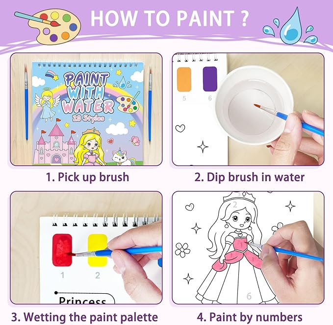 SOCOLER Paint with Water Coloring Books for Kids, Princess Theme Watercolor Painting Papers for Kids Painting Activity Kit Art Craft Birthday Gift for Toddlers