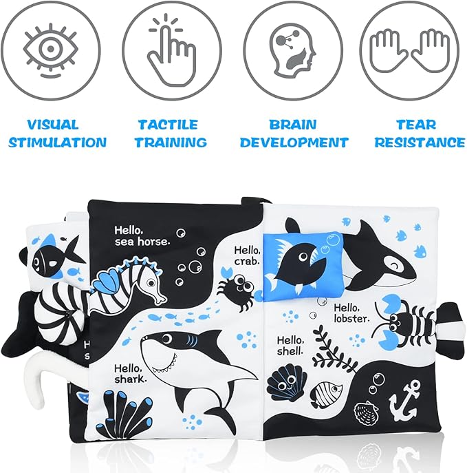 OKOOKO Soft Baby Book Black and White High Contrast Marine Animals Tails Book Bath Book Montessori Sensory Stroller Toy Non-Toxic Crinkle Washable Early Education for Baby Infant Toddler