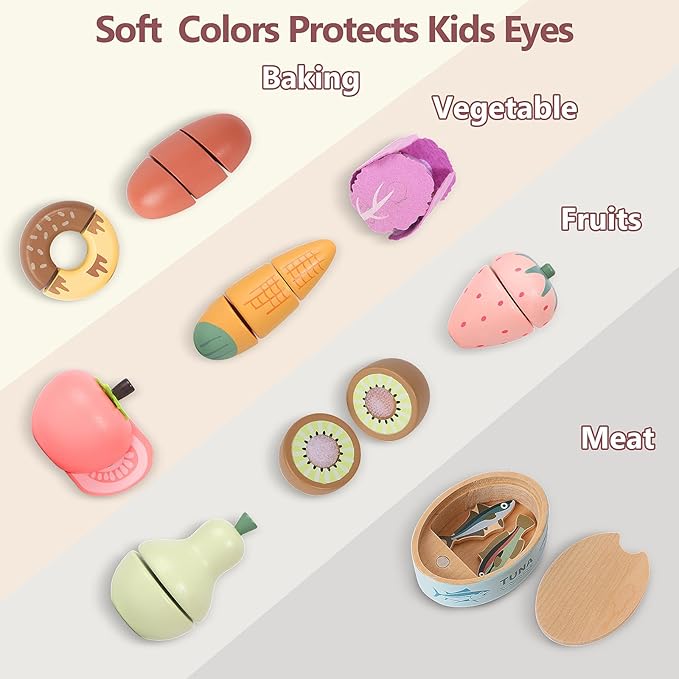 WHOHOLL Play Food Set for Play Kitchen Accessories, Wooden Toys Food Pretend Cutting Food with Apron, Montessori Toys for 1+ Years Old Girls Boys Eye-Protection Learning Resources
