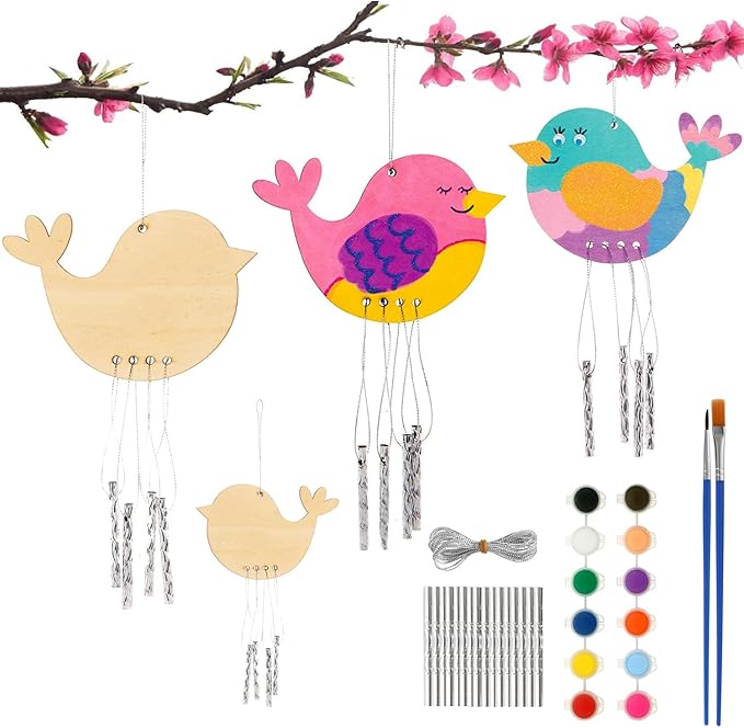 4pcs DIY Wooden Bird Wind Chime Crafts for Kids with Paint Kit Rhinestone Flower Stickers Summer Arts and Crafts for Kids 3 and Up