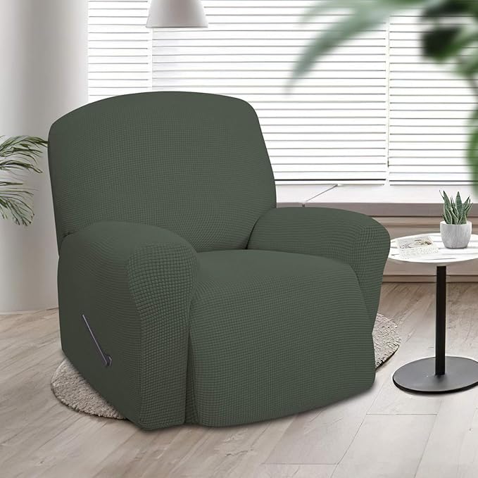 Easy-Going Recliner Stretch Sofa Slipcover Sofa Cover 1 Piece Furniture Protector Couch Soft with Elastic Bottom Kids,Polyester Spandex Jacquard Fabric Small Checks(Oversize Recliner,Olive Green)