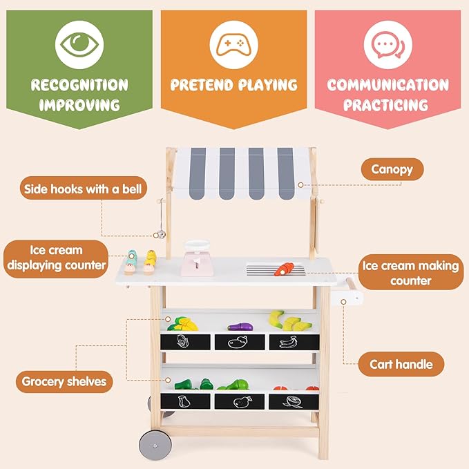 Fireflowery Kids Grocery Store Pretend Play, Wooden Ice Cream Cart w/ 6 Pieces Play Food, Bell, Scale, Toy Grocery Store Playset, Play Store for Kids, Toddlers, Boys, Girls Age 3+ (White Canopy)