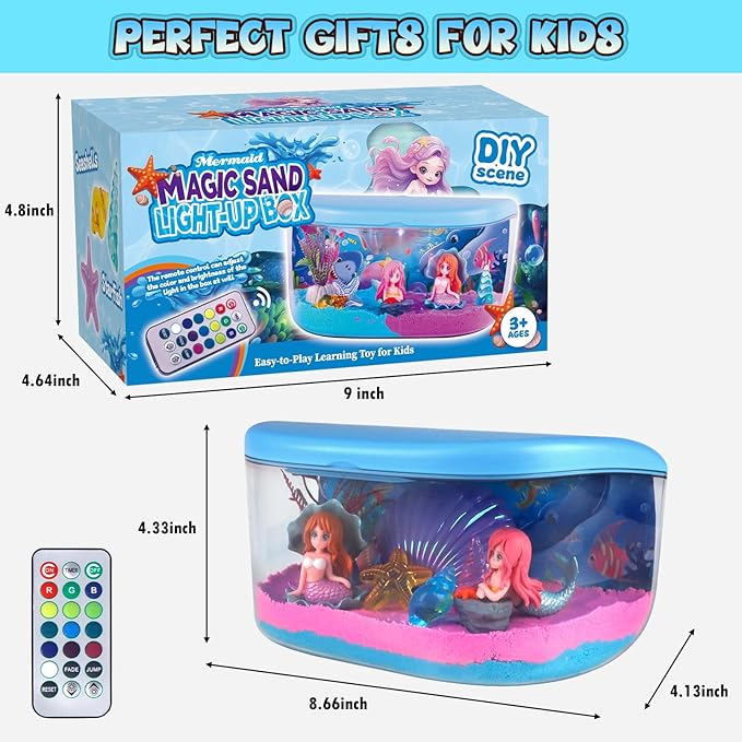 Mermaid Terrarium Kit Gifts for Kids - DIY Night Light Up with Remote - Sand Arts and Crafts for Girls Ages 4 5 6 7 8-12 + Year Old Fun Easter Mermaid Birthday Decorations Toys